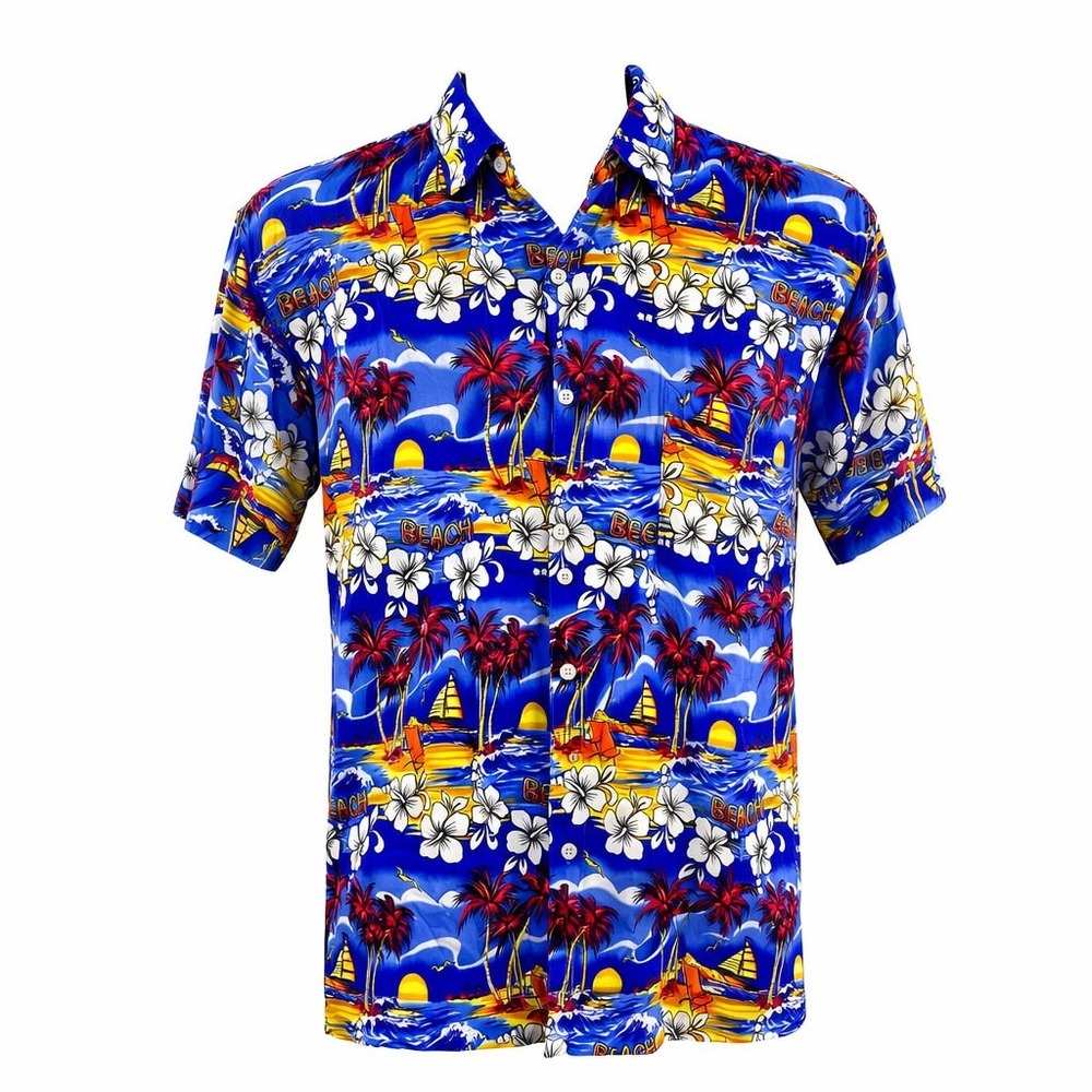 Just Cruising Hawaiian Aloha Shirt Large Beach Palms Sailboats Hibiscus Flowers